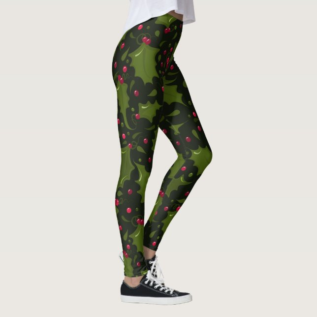 Holiday Holly and Berries on Dark Green  Leggings (Right)