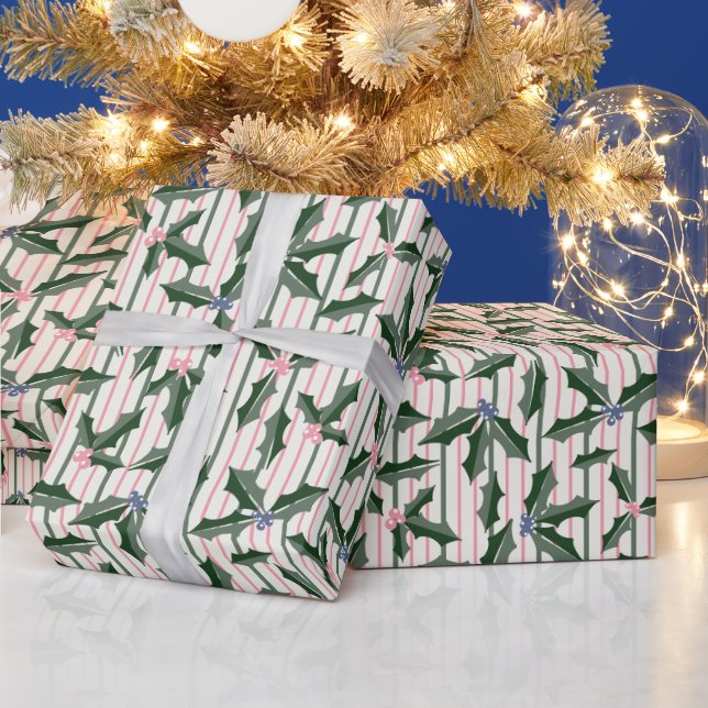 Holiday Holly and Stripe Retro Wrapping Paper (Holidays)