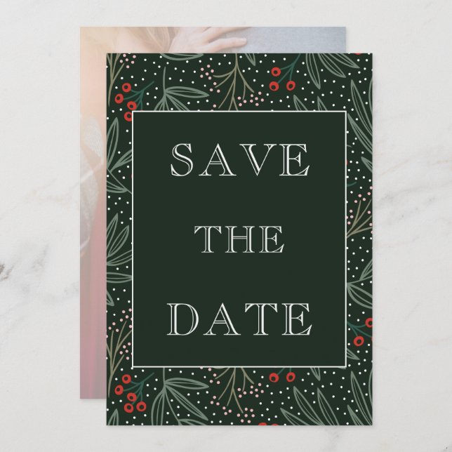 Holiday Holly Berry Greenery Faux Vellum Photo Save The Date (Front/Back)
