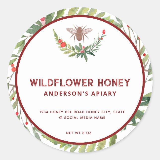Holiday holly branch honey jar  label (Front)