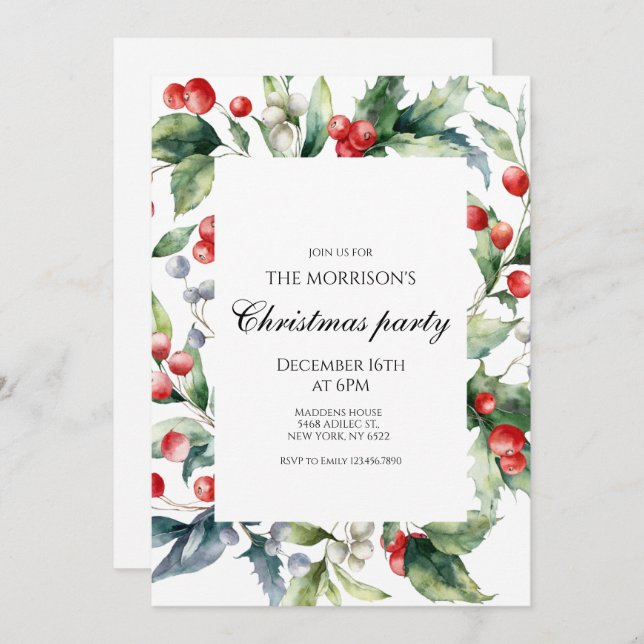 Holiday Holly Christmas Party Invitation (Front/Back)