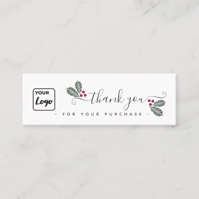 Holiday holly  custom logo thank you  mini business card (Front)