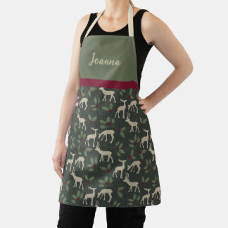 Holiday Holly Deer Custom Name Apron