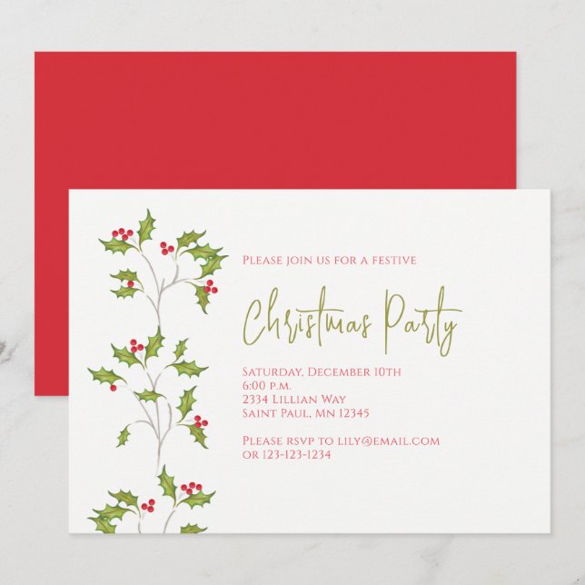 Holiday Holly Editable Invitation (Front/Back)