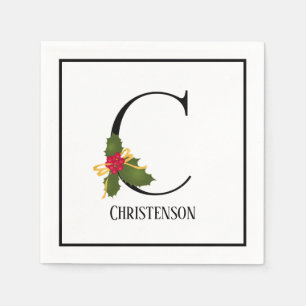 Holiday Holly Monogram Letter C Personalized Paper Napkin