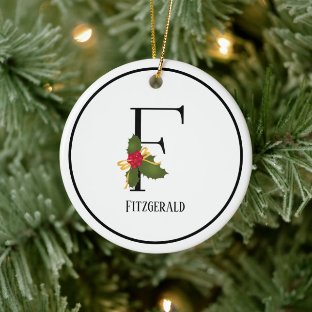 Holiday Holly Monogram Letter F Personalised Ceramic Ornament (Tree)