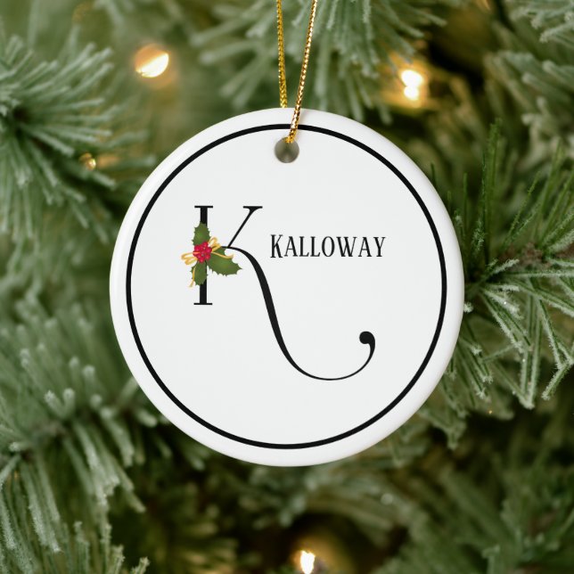 Holiday Holly Monogram Letter K Personalised Ceramic Ornament (Tree)
