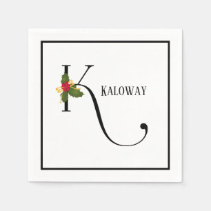 Holiday Holly Monogram Letter K Personalized Paper Napkin