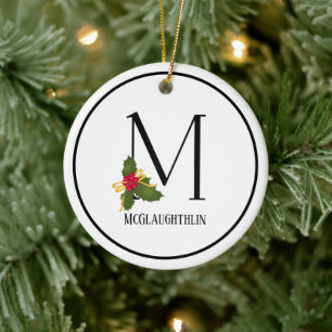 Holiday Holly Monogram Letter M Personalized Ceramic Ornament