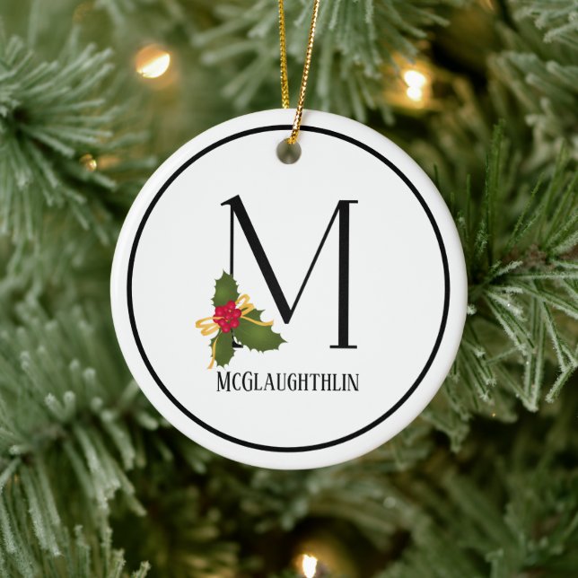 Holiday Holly Monogram Letter M Personalized Ceramic Ornament (Tree)
