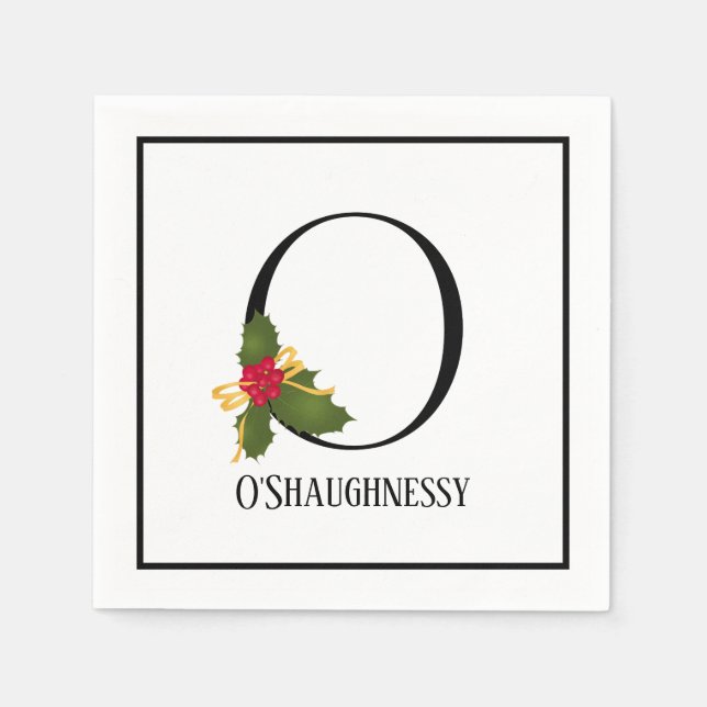 Holiday Holly Monogram Letter O Personalised Paper Napkin (Front)