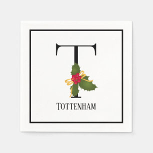 Holiday Holly Monogram Letter T Personalized Paper Napkin