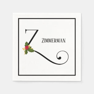 Holiday Holly Monogram Letter Z Personalised Paper Napkin