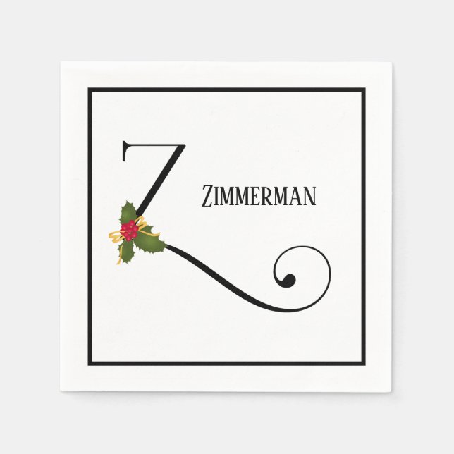 Holiday Holly Monogram Letter Z Personalised Paper Napkin (Front)