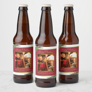 Holiday Holly & Pine Merry Christmas Photo Beer Bottle Label