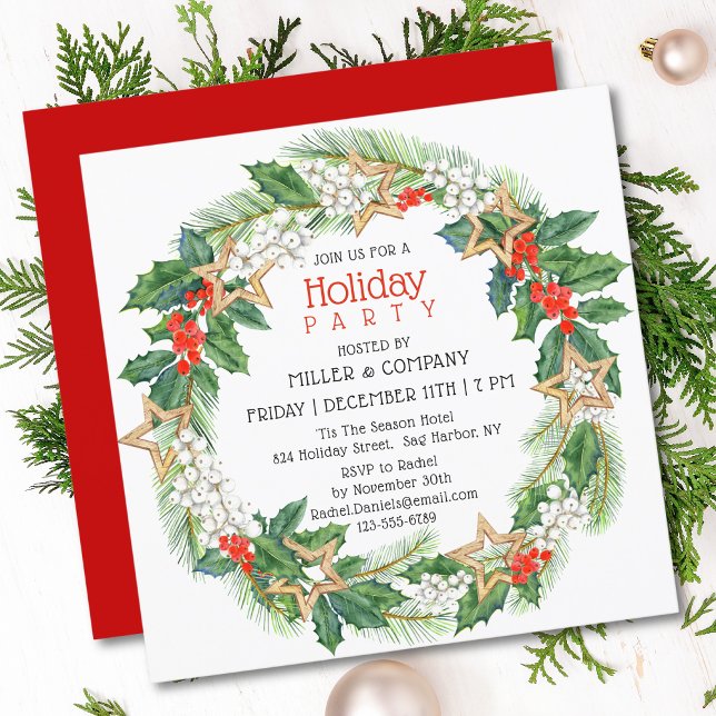 Holiday Holly Wreath Corporate Christmas Party Invitation (Creator Uploaded)