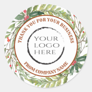 Holiday holly wreath thank you custom logo classic round sticker