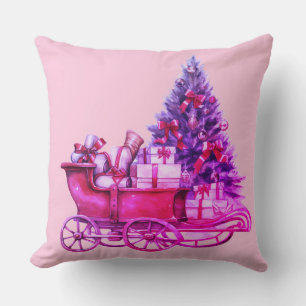 Holiday Home Decor. Pink Christmas Sleigh. Pink Cushion