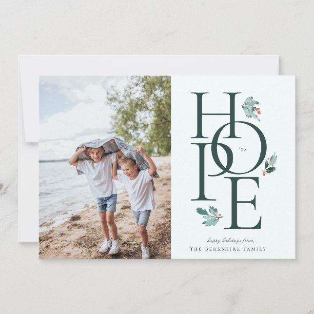 Holiday Hope Modern Botanical Berry Photo Green Card (Front)