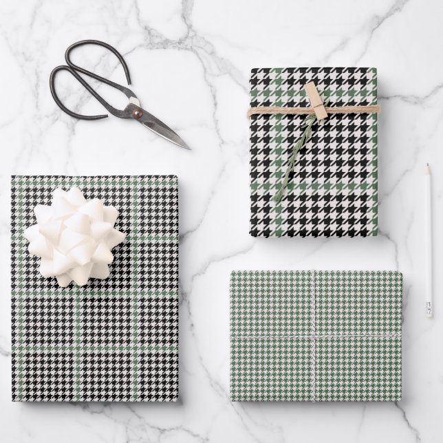 Holiday houndstooth black green holiday wrapping paper sheet (Front)