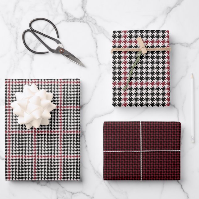 Holiday houndstooth classic black red coordinating wrapping paper sheet (Front)