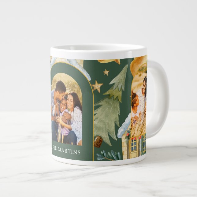 Holiday Houses Three Photo Christmas Green Large Coffee Mug (Front Right)