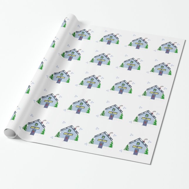 Holiday Houses with Snowflakes Wrapping Paper (Unrolled)