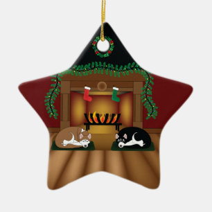 Holiday Huskies Sleeping by the Fireplace Ornament