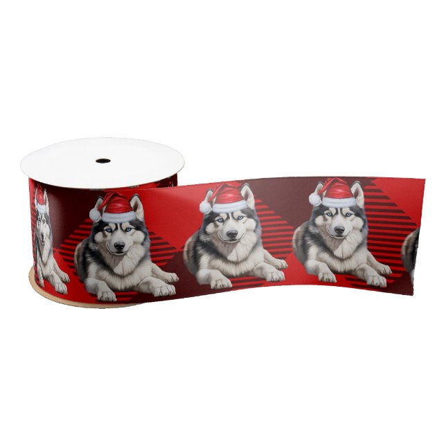 Holiday Husky Dog on Red Buffalo Plaid Satin Ribbon (Spool)