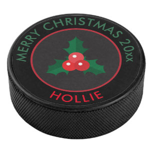 Holiday Ice Hockey Puck / Christmas Holly Black