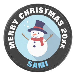 Holiday Ice Hockey Puck / Christmas Snowman Design