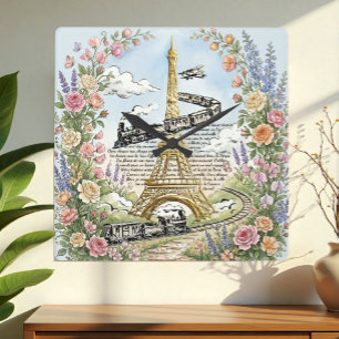 Holiday in Paris Clock, Eiffel Tower, French Art Square Wall Clock
