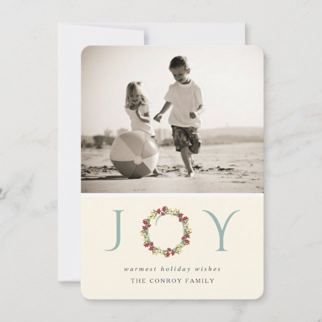 Holiday Joy Floral Wreath Modern Photo Greeting (Front)