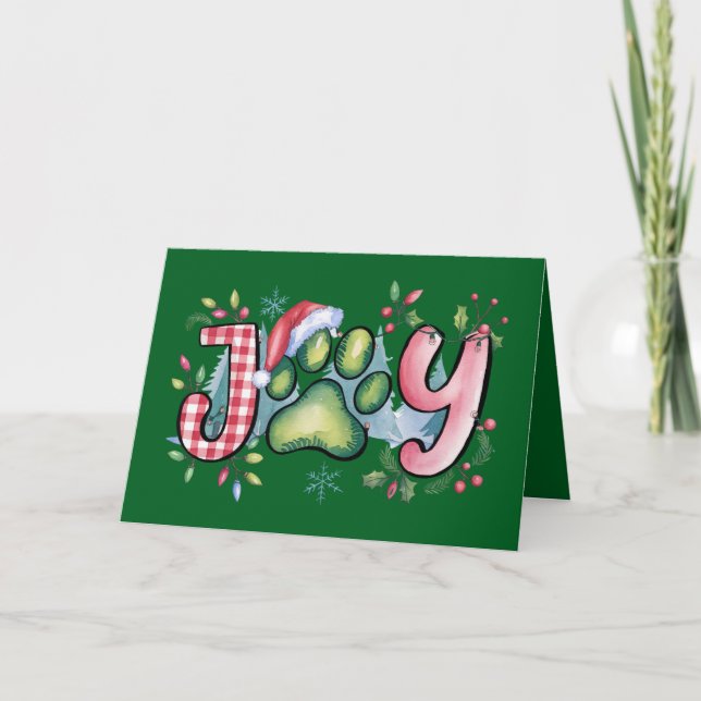 Holiday Joy Pet Paw Merry Christmas Card Green (Front)