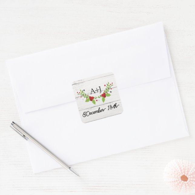 Holiday Joy Poinsettia Wood Wedding Square Sticker (Envelope)