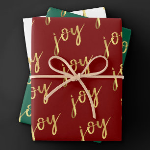 Holiday Joy Script   Faux Gold Foil in Multi Colou Wrapping Paper Sheet
