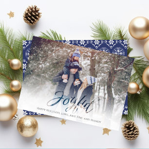 Holiday Joyful Script Blue White Snowflake 1 Photo Card
