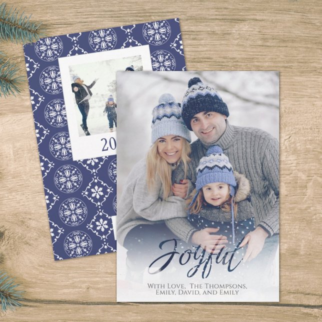 Holiday Joyful Script Blue White Snowflake 1 Photo Card (Creator Uploaded)