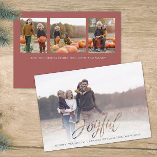 Holiday Joyful Script Elegant Red Simple 4 Photo Card