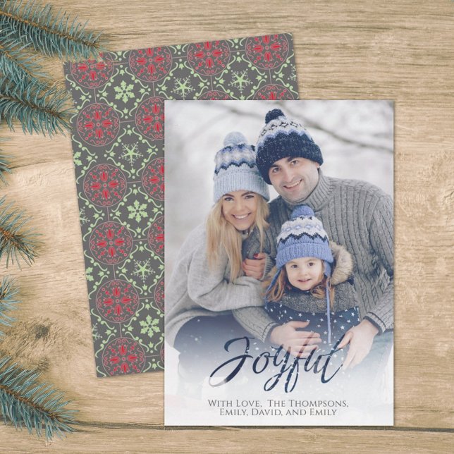Holiday Joyful Script Red Green Snowflake 1 Photo Card (Creator Uploaded)
