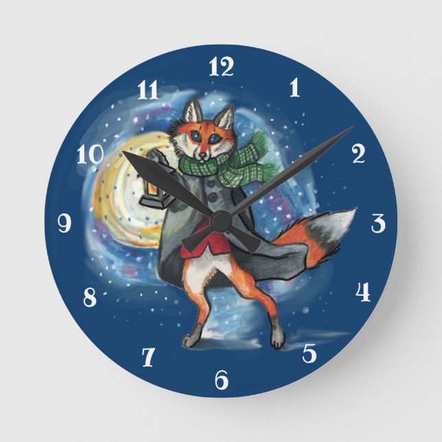 Holiday Lantern Fox Round Clock (Front)