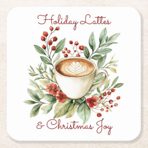 Holiday Lattes and Christmas Joy Customisable Square Paper Coaster