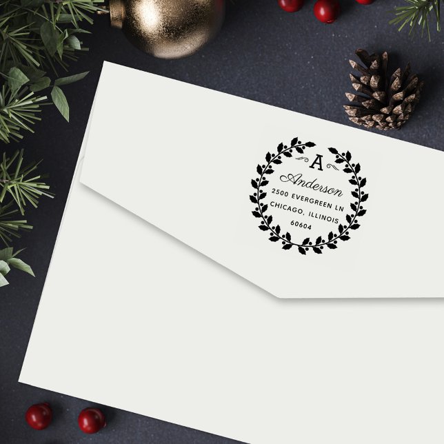 Holiday Laurel Elegant Monogram Return Address Self-inking Stamp (Creator Uploaded)