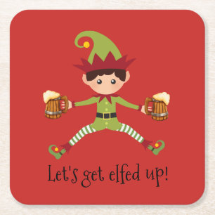 Holiday Let's Get Elfed Up Elf Beer Christmas Square Paper Coaster