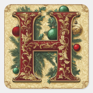 Holiday Letter H: Red, Green, and Gold Accents Square Sticker