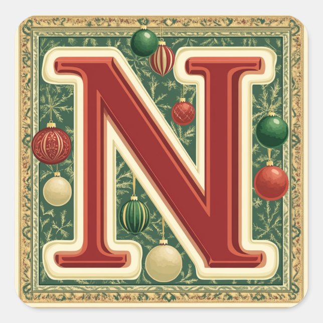 Holiday Letter N: Red and Green with Gold Square Sticker (Front)