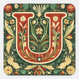 Holiday Letter U: Green, Red, Gold Accents Square Sticker