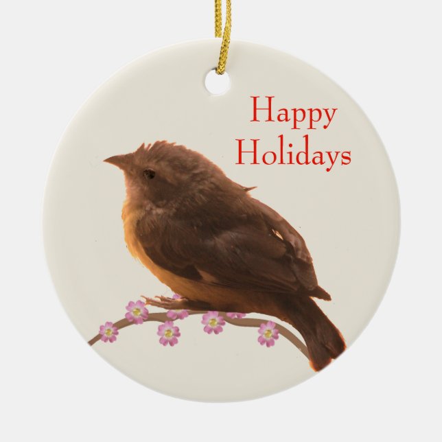 Holiday Little Bird on Beige Ceramic Ornament (Front)