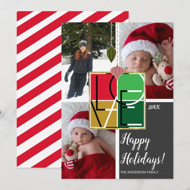 Holiday LOVE 3 Photos Minimal Christmas Photo Invitation (Front/Back)