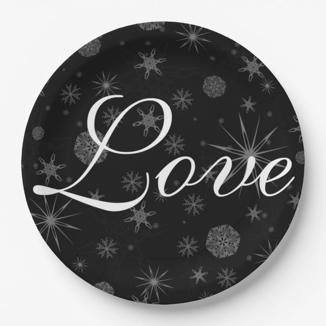 Holiday Love Black White Snowflakes Winter Wedding Paper Plate (Front)